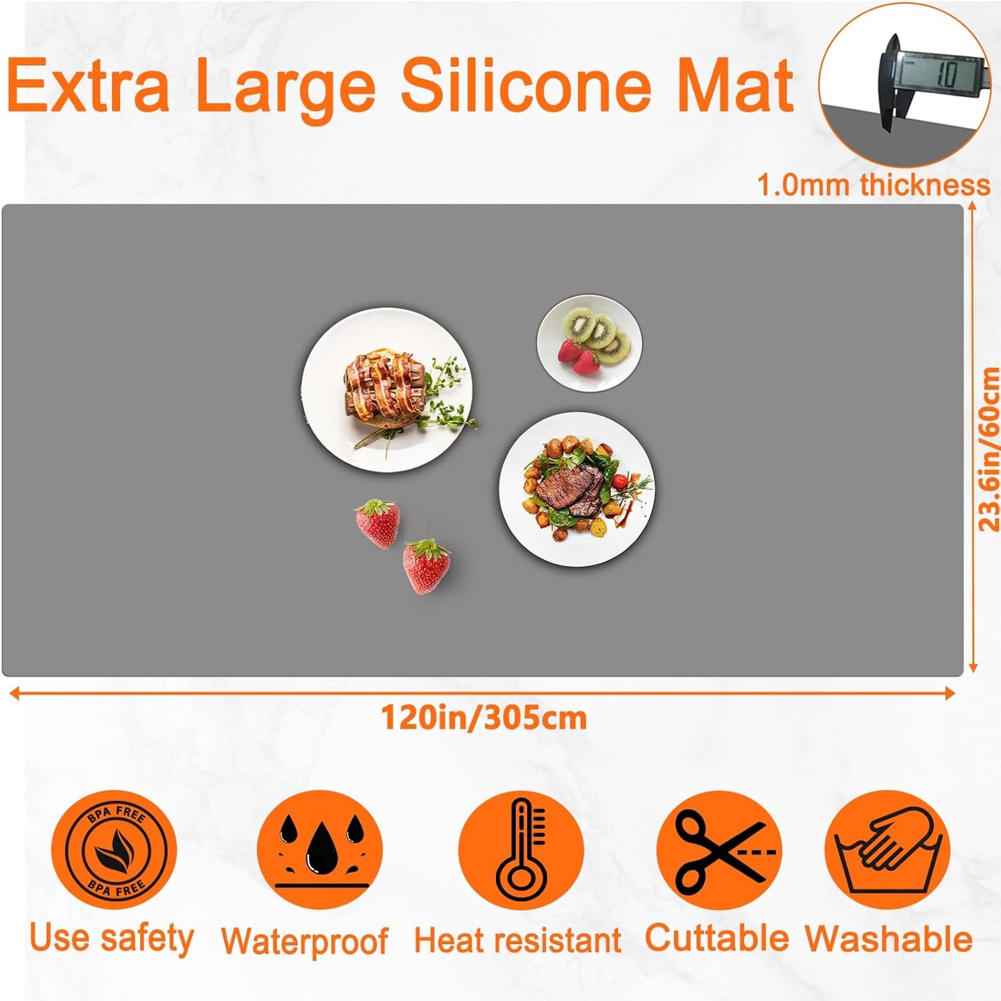 120" x24''(305cmx60cm) Extra Large Silicone Mat for Kitchen Counter, Heat Resistant Countertop Protector, Non-Slip Waterproof Kitchen Island Mat, Easy to Clean, Semitransparent