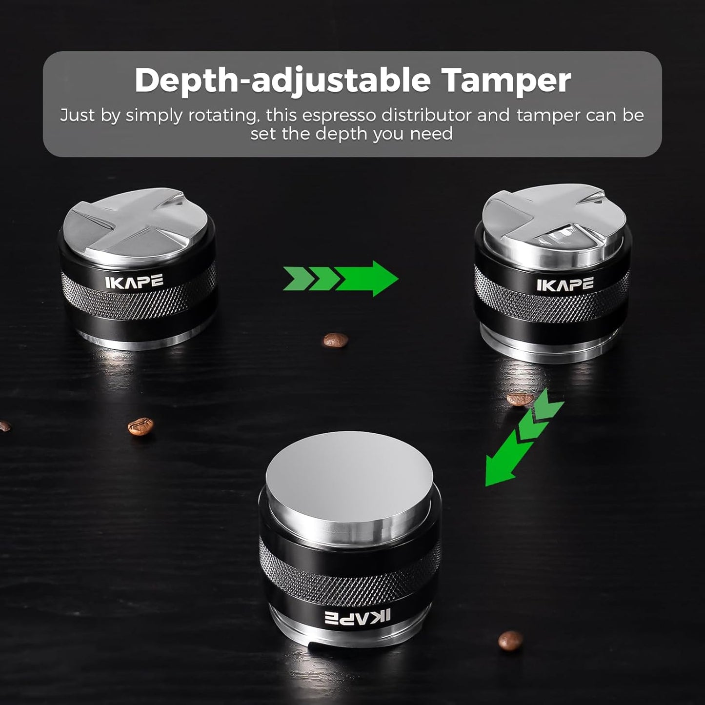 IKAPE Coffee Products, 58mm Coffee Distributor & Hand Tamper, Adjustable Depth Espresso Distributor Fits All 58mm Espresso Portafilter, Compatible with Rancilio, Gaggia Portafilter (Black)