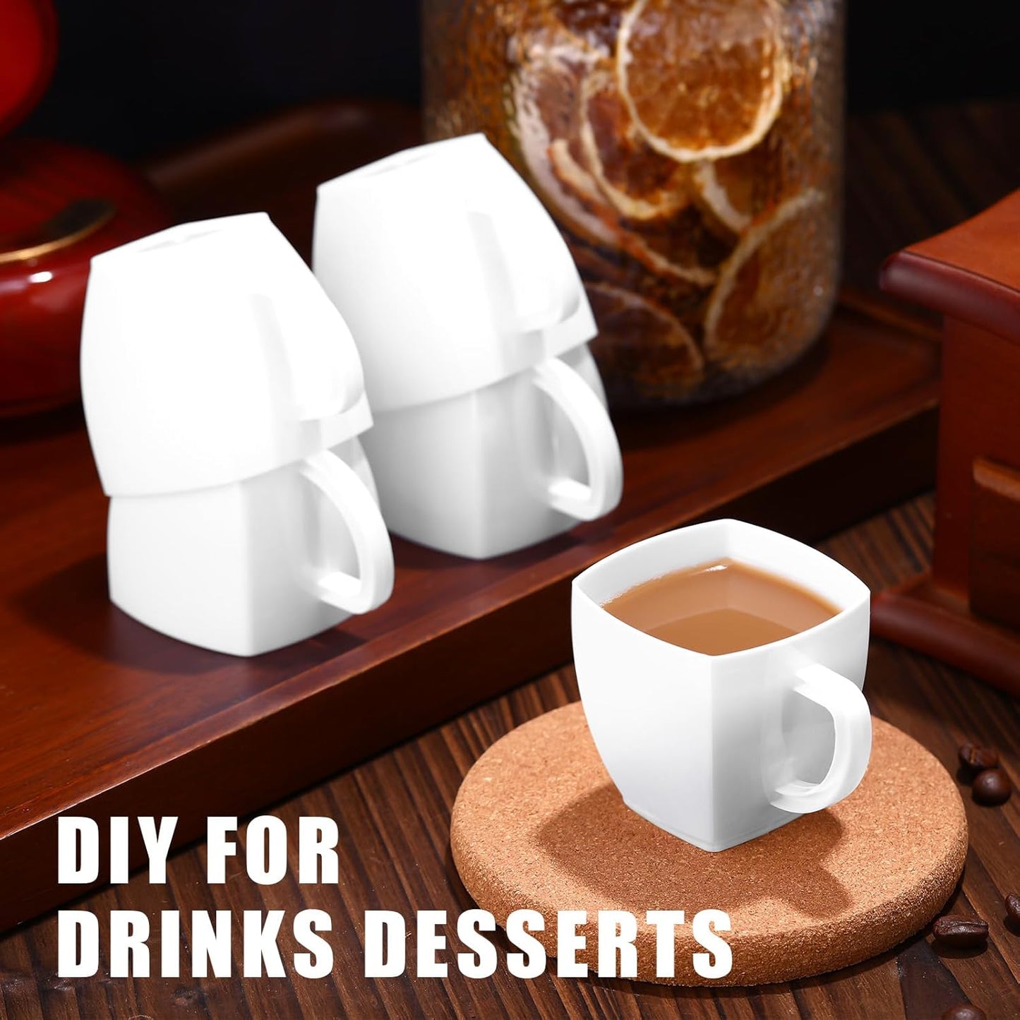 Amyhill 50 Pcs Disposable Tea Cups Mini Plastic Tea Cup Bulk with Handle Hard Plastic Coffee Mug Disposable Square Espresso Mug for Party Catering (White)