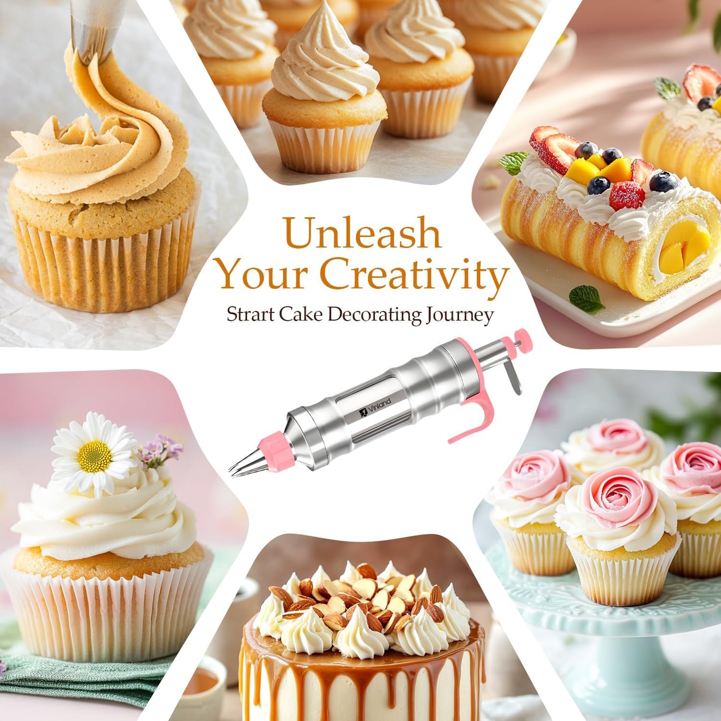 Dessert Decorating Syringe Set Icing Piping Kit Frosting Piping Kit Stainless Steels Cake Decorating Kit with 10 food grade stainless steel piping tips & 50 Disposable Piping Bags, Pink