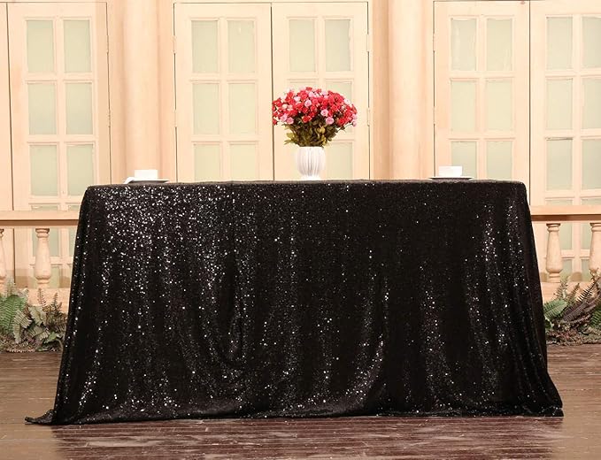 SquarePie Sequin Tablecloth 90 x 156 Inch Black Sparkly Table Linen for Wedding Halloween Party