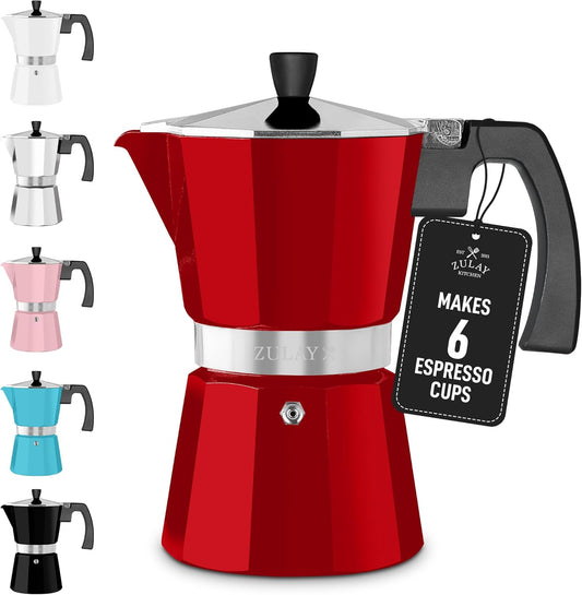 Zulay Moka Pot Espresso Stovetop Coffee Maker - Leak-Proof, Stainless Steel, Easy to Clean, Heat Resistant Handle & Knob - for Authentic Cuban & Italian Style Espresso - Makes 6 Espresso Cups - Red