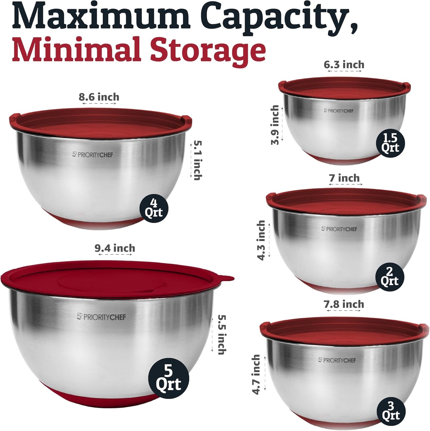Priority Chef Stainless Steel Mixing Bowls with Lids Set, 3 Grater Attachments, Airtight Lids, Non-Slip Silicone Base Mixing Bowl Set, Large Prep Metal Mixing Bowls for Kitchen, Red
