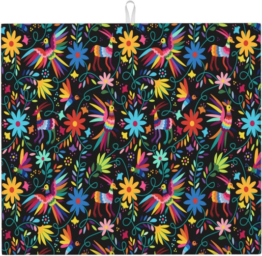 Mexican Folk Art Otomi Dish Drying Mats for Kitchen Counter, Absorbent Microfiber Washable Drying Pad, Decorative Cute Kitchen Mat for Sink & Dining Area, Gifts for Christmas, Home Decor, 16x18 inch