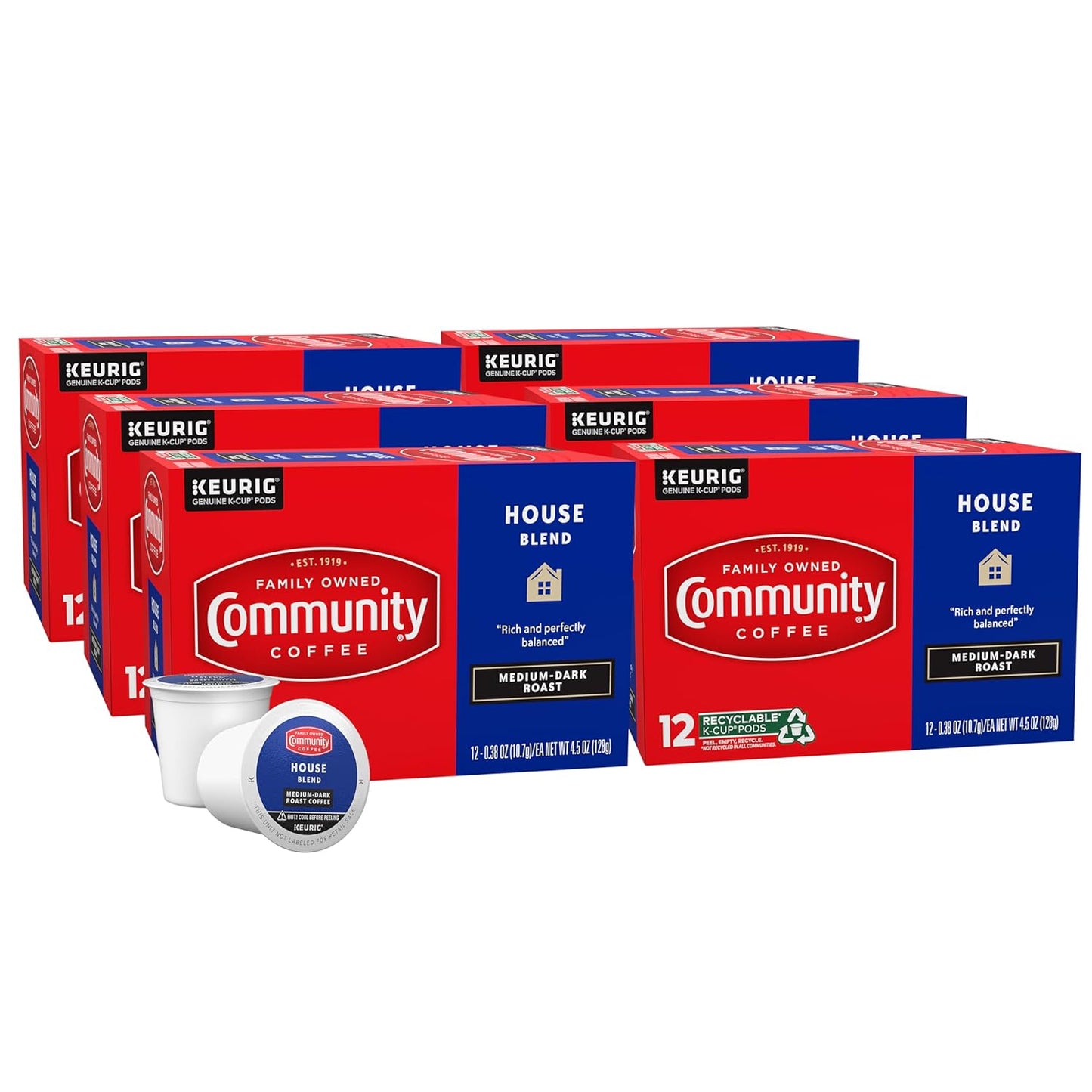 Community Coffee House Blend 72 Count Coffee Pods, Medium Dark Roast, Compatible with Keurig 2.0 K-Cup Brewers, 12 Count (Pack of 6)