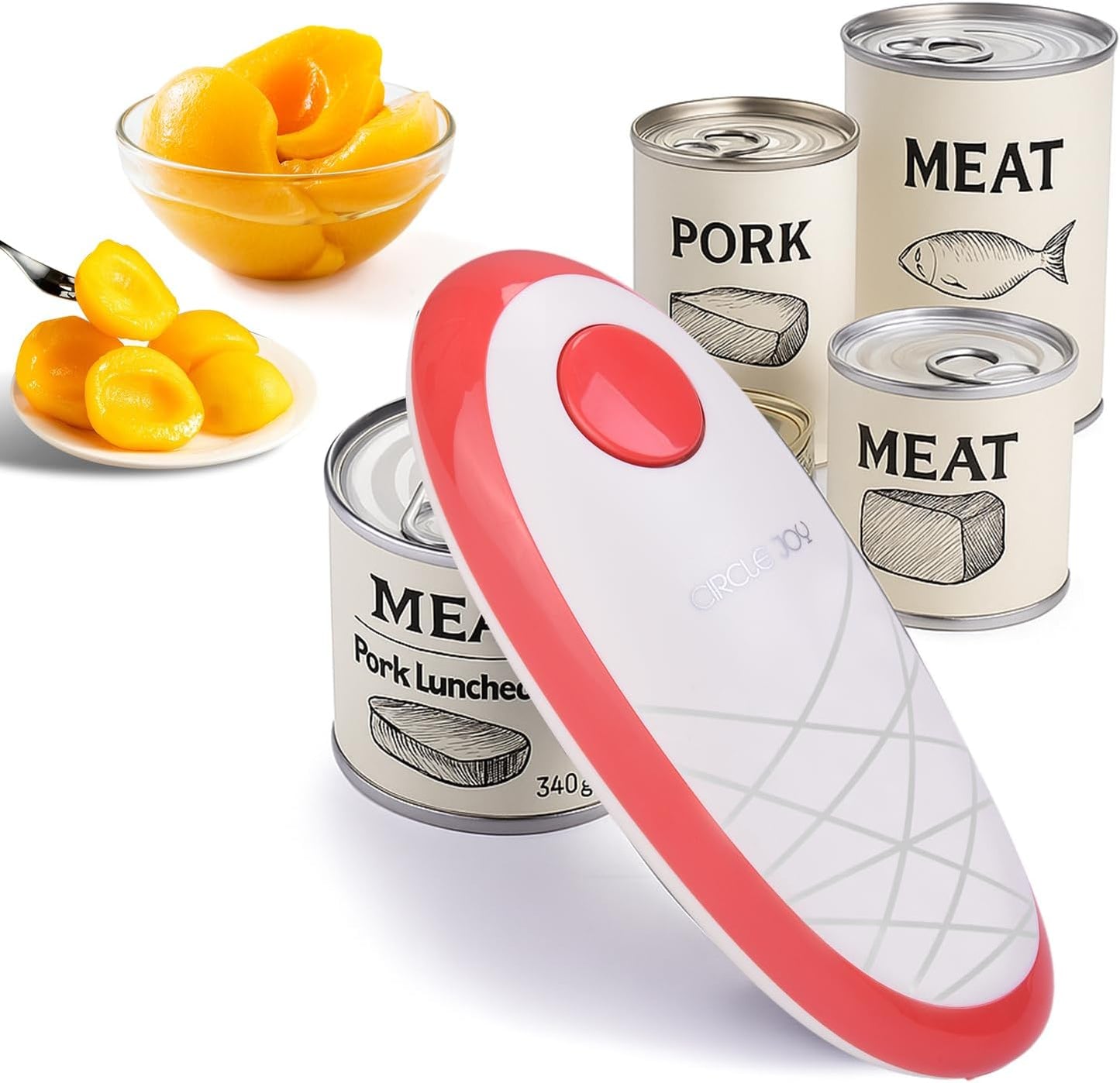 CIRCLE JOY Electric Can Opener, One-Touch Automatic Can Opening with Smooth Edges, Food Safety Handheld Battery-Operated Can Opener for Kitchen and Seniors, Red