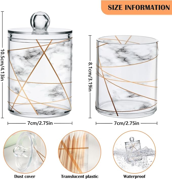 2 Pack Qtip Holder Dispenser White Marble Gold Line Bathroom Storage Canister Lid Acrylic Plastic Apothecary Jar Set Vanity Makeup Organizer for Cotton Swabs/Pads/Floss