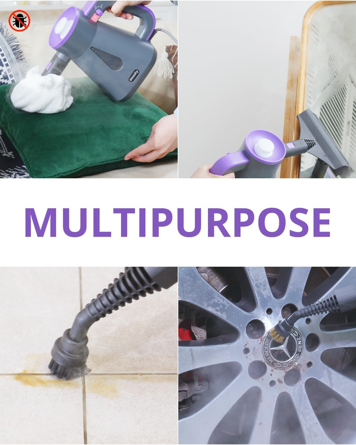 Steam Cleaner Handheld: 1200W Fast 10-Sec Heat-Up-750mL (25oz) Tank-No Cooling-Refill Anytime-Lockable Steam Trigger-14-Piece Kit Hand Held Steamer for Home Car Grout Tile Cleaning Grey