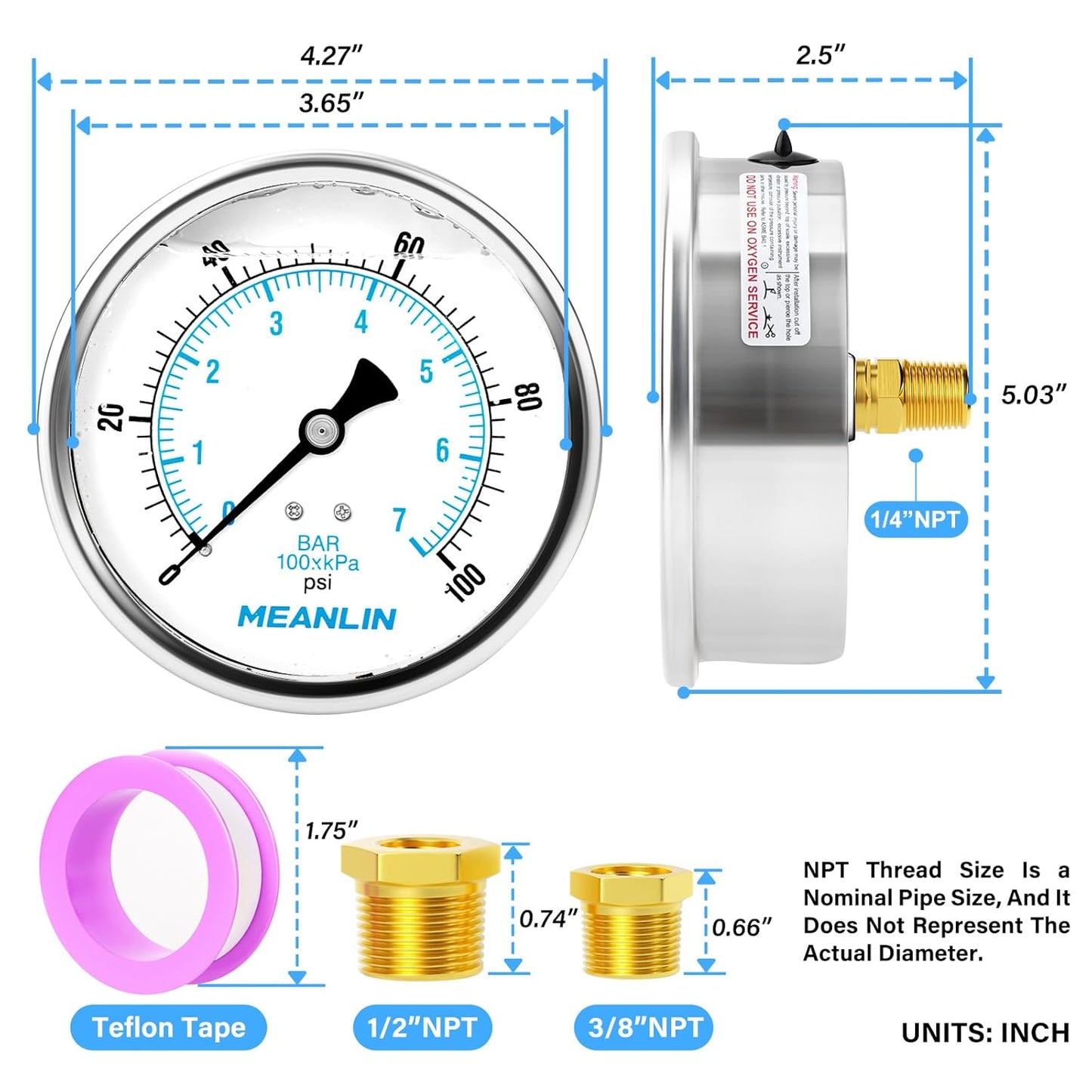MEANLIN MEASURE 0~100Psi Stainless Steel 1/4" NPT 4" FACE DIAL Liquid Filled Pressure Gauge WOG Water Oil Air Back Mount, with 1/4" x 1/2" NPT and 1/4" x 3/8" NPT Hex Bushing