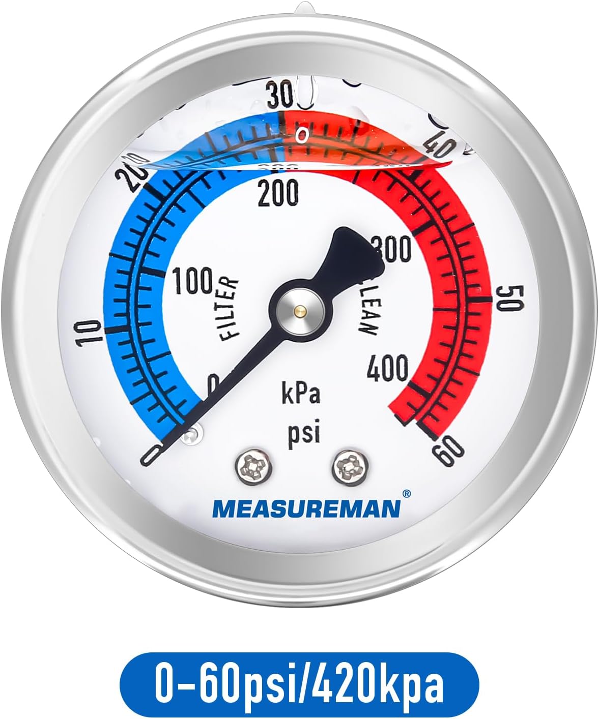 MEASUREMAN 2" Dial Size, Liquid Filled Pool Filter Pressure Gauge, 304 Stainless Steel Case, 0-60psi/420kpa,1/4" NPT Center Back Mount
