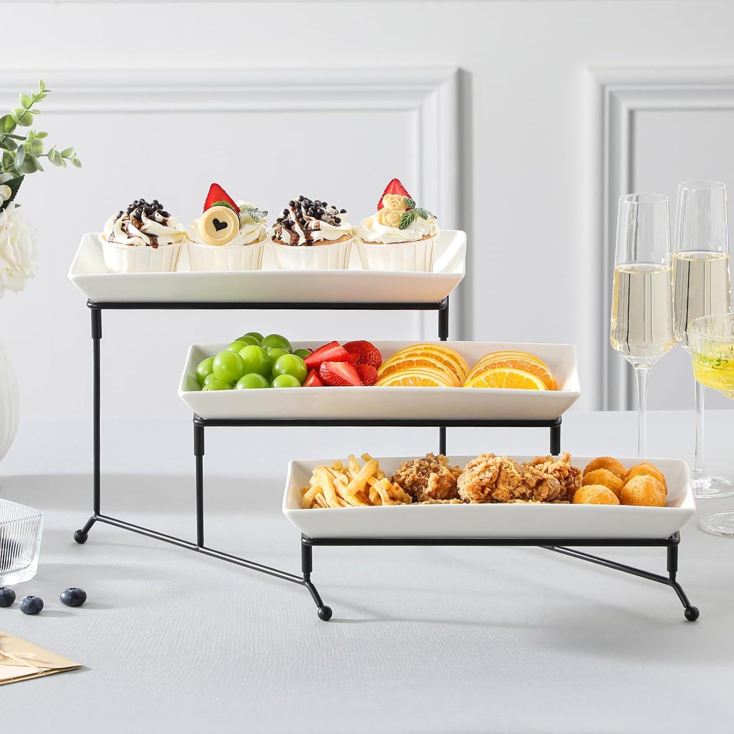 MALACASA 3 Tier Serving Trays for Party, Porcelain Serving Platters and Trays, 12 Inch Tiered Tray Stand, Fruit Tray, Trays for Serving Food, White Dessert Stand with Collapsible Sturdier Metal Rack
