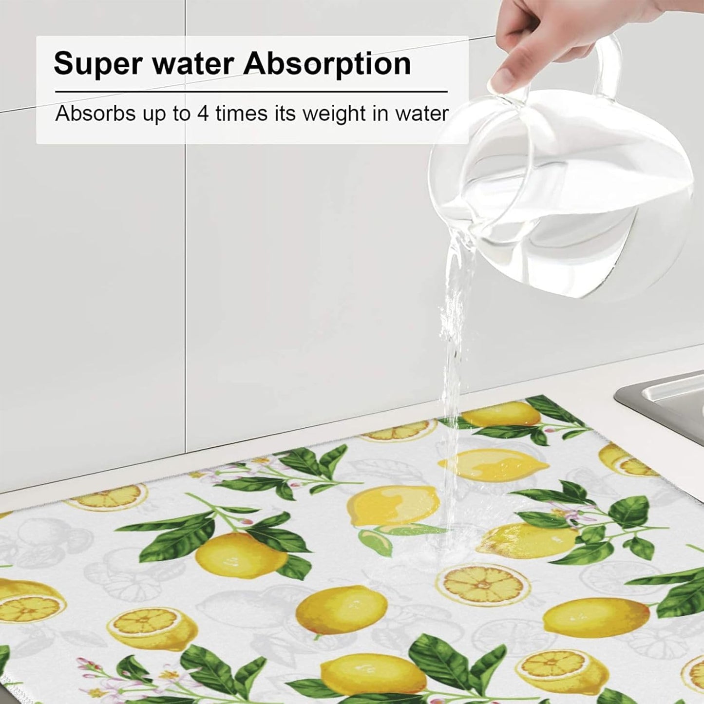Lemon And Leaves Dish Drying Mat, Highly Absorbent Microfiber Kitchen Counter Pad Reusable Washable, 16*18"