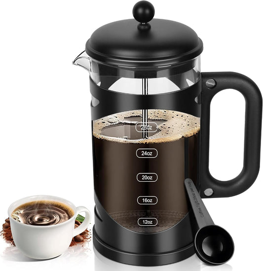 34 Ounce French Press Coffee Maker Black Stainless Steel Coffee Press, with 4-Level Filter System, Heat Resistant Thickness Borosilicate Glass, BPA-Free Brewed Coffee Pot for Camping Gifts