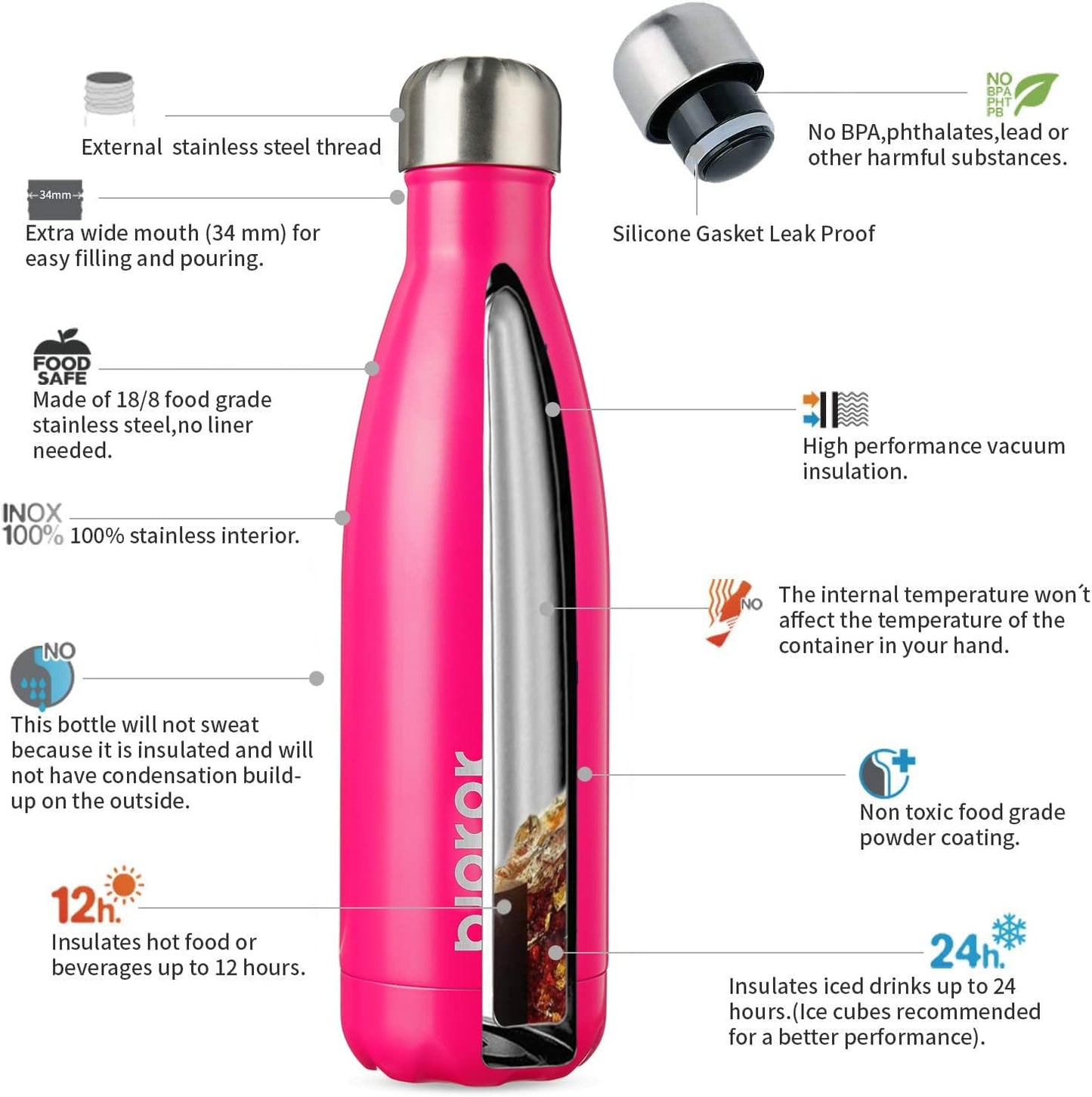BJPKPK 17oz Insulated Stainless Steel Water Bottles,Sports Water Bottles Keep Cold for 24 Hours and Hot for 12 Hours,BPA Free for Travel,Pink
