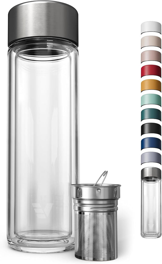 Glass Multi Tea Infuser Bottle 14oz - Double Wall Borosilicate Glass Flask | No Plastic Touches Contents | Perfect for Office or Home