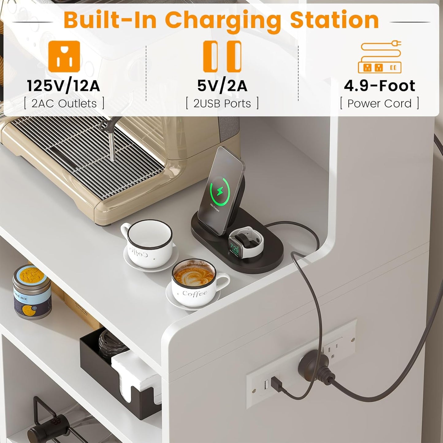 Hutch Storage Buffet Cabinet with Drawers, and Charging Station, Coffee Bar Cabinet with Barn Doors, Wine Rack and Hooks, White Wood Sideboard Buffet for Kitchen, Dining Room, 54.5" High