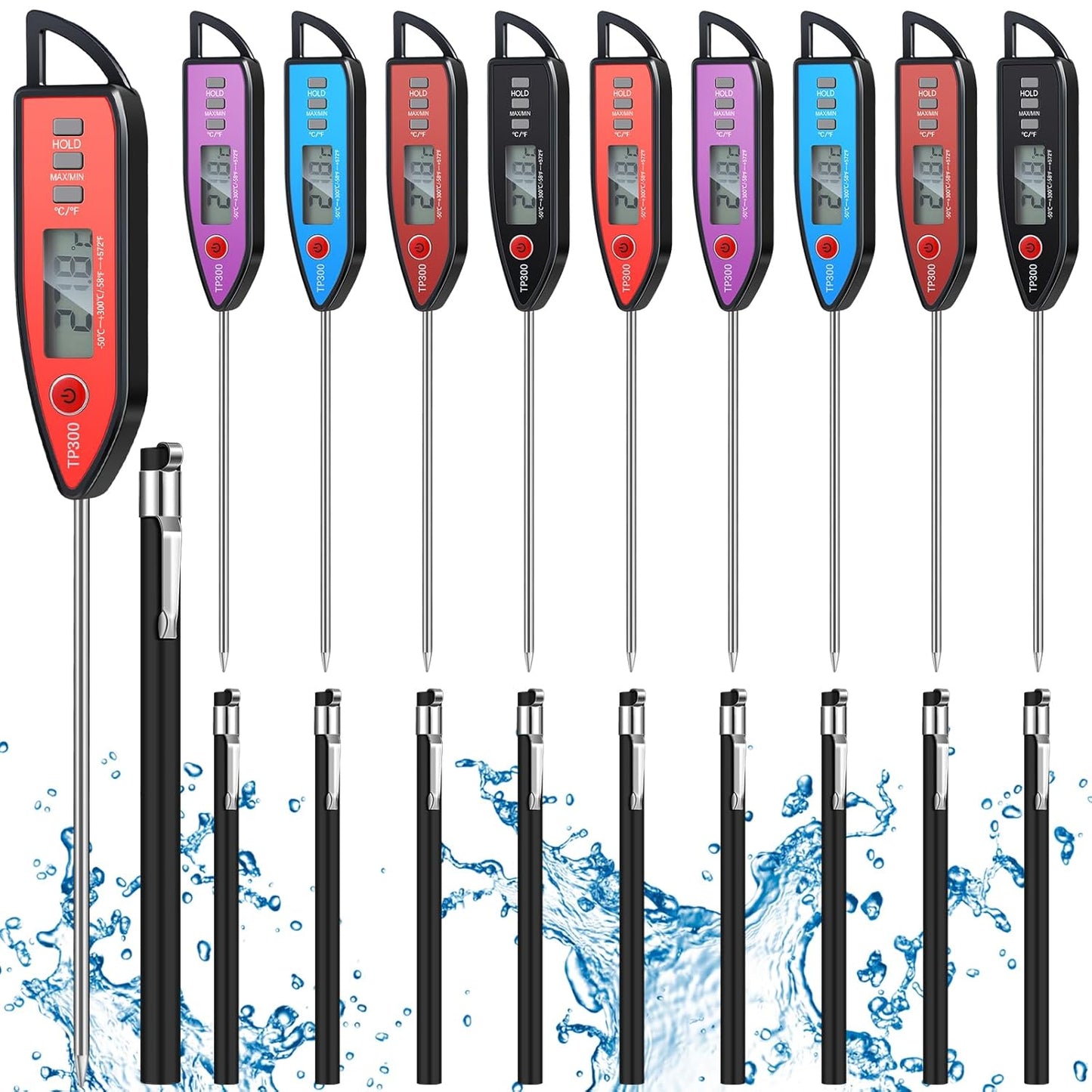 10 Set Waterproof Food Thermometer for Water, Liquid, Candle and Cooking Digital Meat Thermometer with Long Probe Instant Read for Kitchen BBQ Grill Candy (Black)