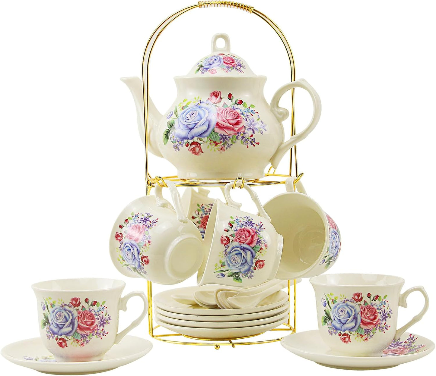 20-Pieces Porcelain Bone china Tea Sets,Gold Rim Coffee Set with Golden Metal Rack,Tea Gift Sets for Home&Party (009)
