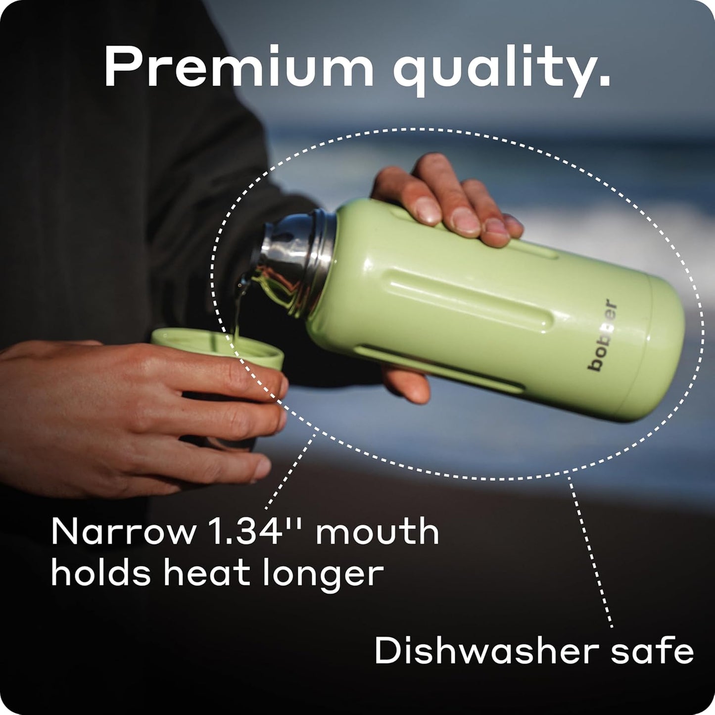 BOBBER 34 oz Stainless Steel Travel Thermos for Hot and Cold Drinks – Dishwasher Safe Metal Water Bottle with Cup Lid – Keeps Hot for 48 Hours – BPA-Free, Vacuum Insulated (Black Coffee)