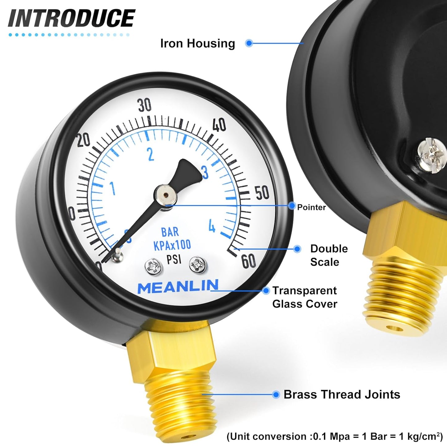 MEANLIN MEASURE 1/4" NPT 0-60Psi 2" Dial Face Well Pump Pressure Gauge, Lower Mount, Suitable for Water, Oil, Air Pressure Testing