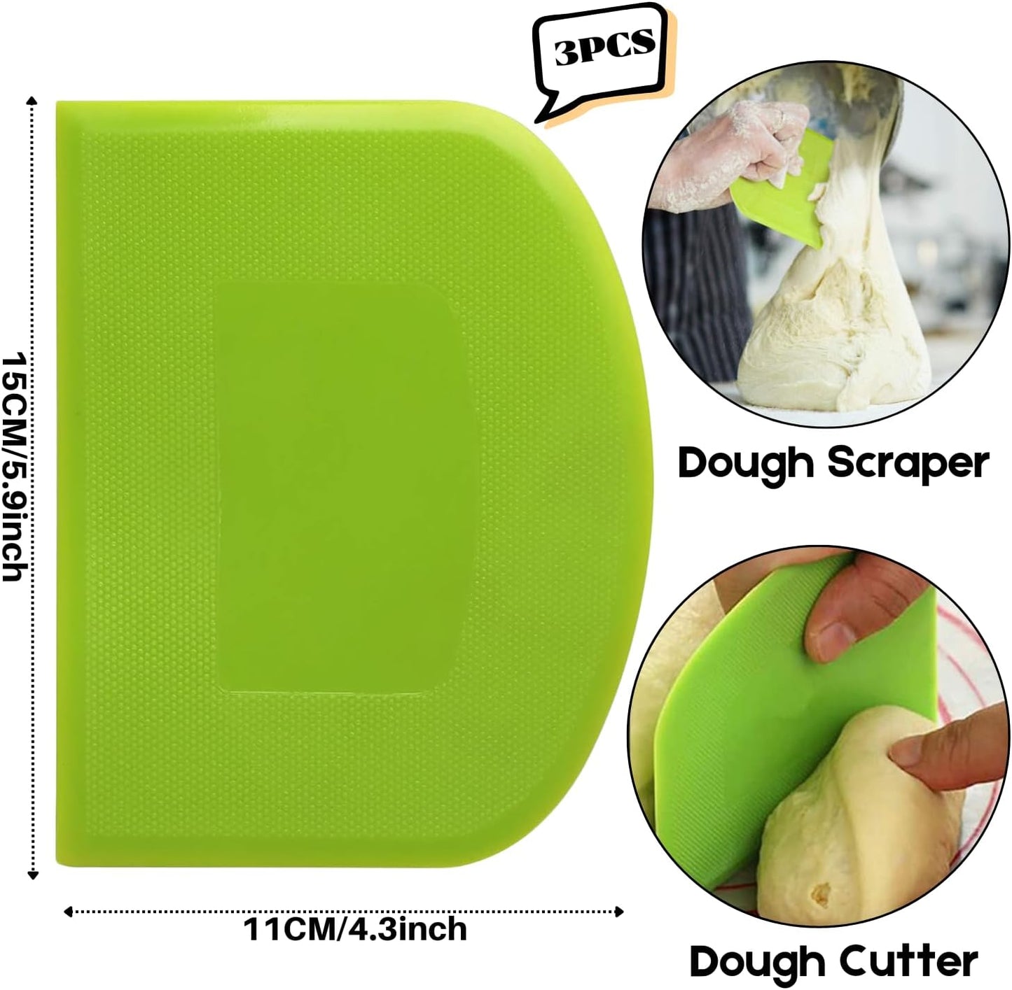 SURDOCA Dough Scraper Bench Scraper - 3P 5.9x4.3" Plastic Flexible Bowl Scraper, Sharp Edge & Angles Cake Scraper. Non-Slip Bakeware Decorating Tools Sculpting & Modeling Tools - Yellow+Green+Yellow