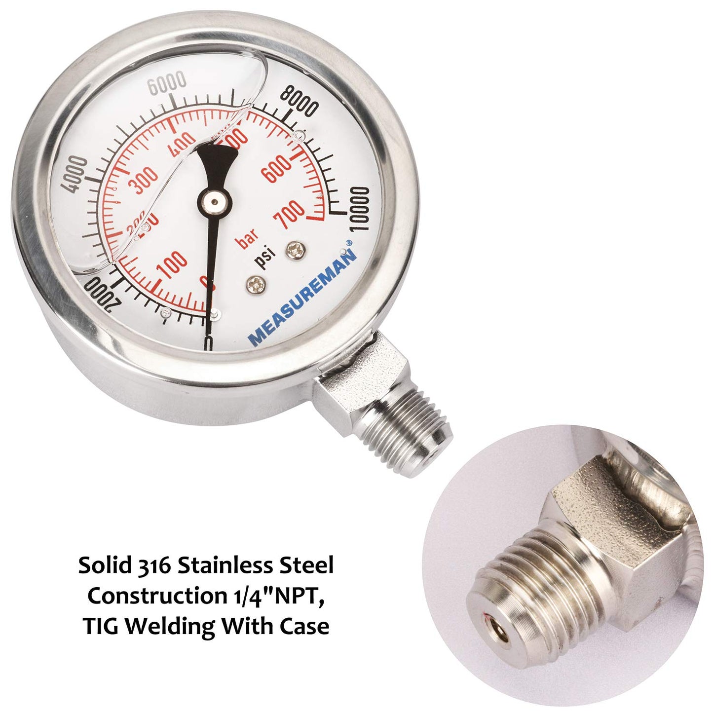 MEASUREMAN 2-1/2" dial,Glycerin Filled Hydraulics Pressure Gauge Stainless Steel case, 316 SS Wetted Part, 0-10000psi/bar1/4 NPT,Lower Mount