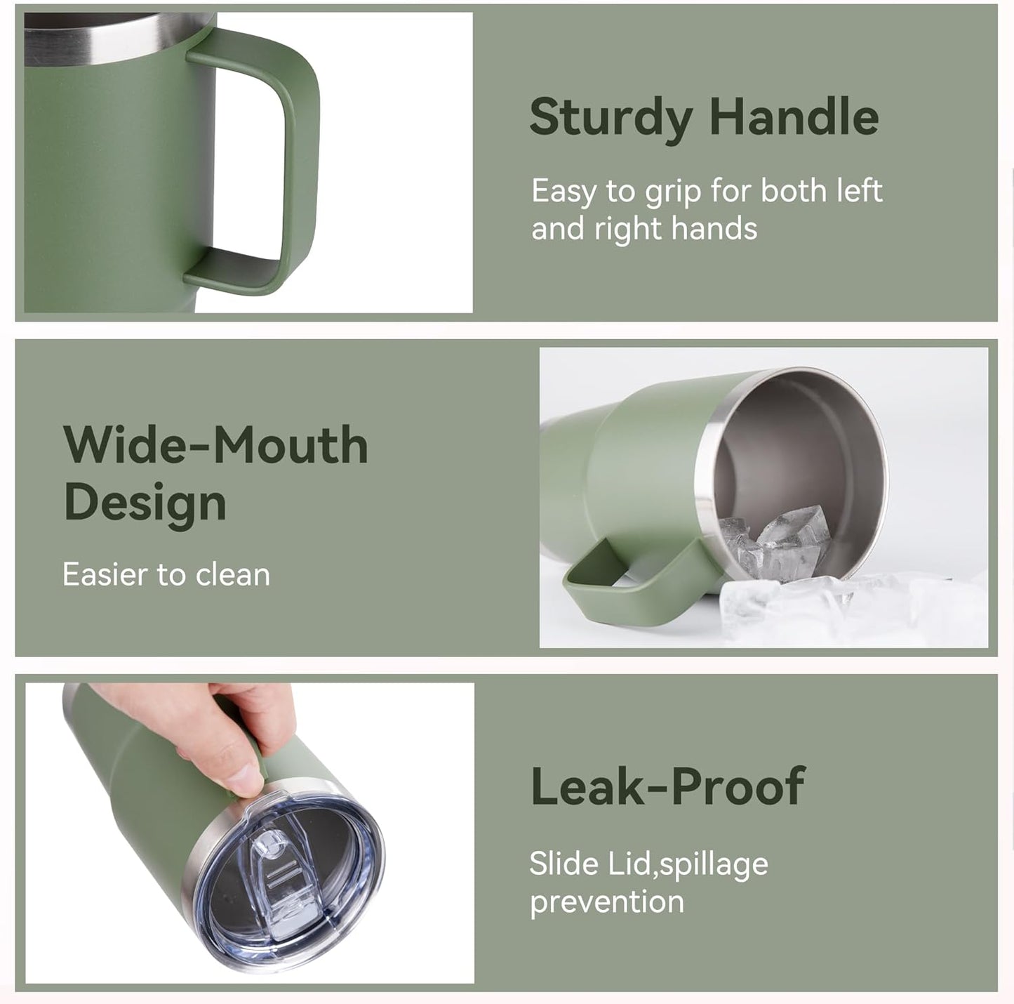 HASLE OUTFITTERS 20oz Tumbler with Handle, Stainless Steel Tumbler with Lid Metal Insulated Travel Coffee Mug Double Wall Vacuum Spill Proof Reusable Coffee Cup, Amy Green 1 Pack