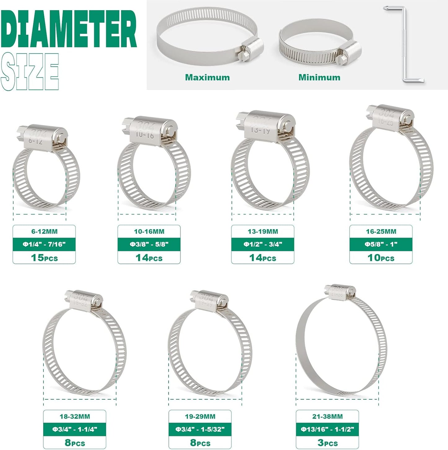 72PCS Hose Clamps Stainless Steel Assortment Adjustable 1/4"-1-1/2"(6-38mm) Worm Gear Hose Clamp, Heavy Duty Metal Small Hose Clamps for Automotive, Pipe, Radiator Plumbing, Fuel Line