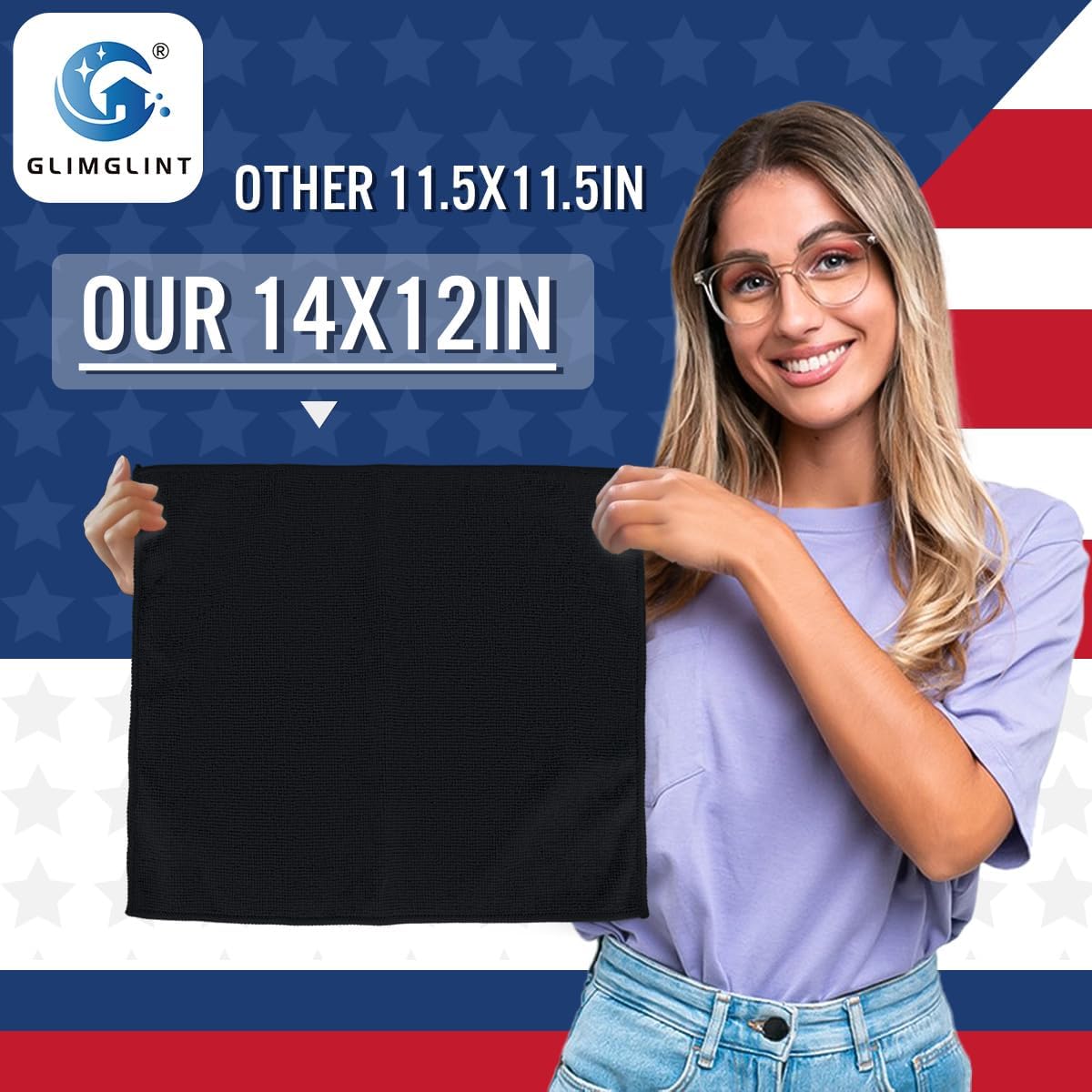 GLIMGLINT Black Microfiber Cleaning Cloth, 150 Pack Microfiber Towels for Cars, Lint Free, Scratch-Free, Highly Absorbent, Reusable Cleaning Rags for Car, Household, Shop Towels 14"X12"