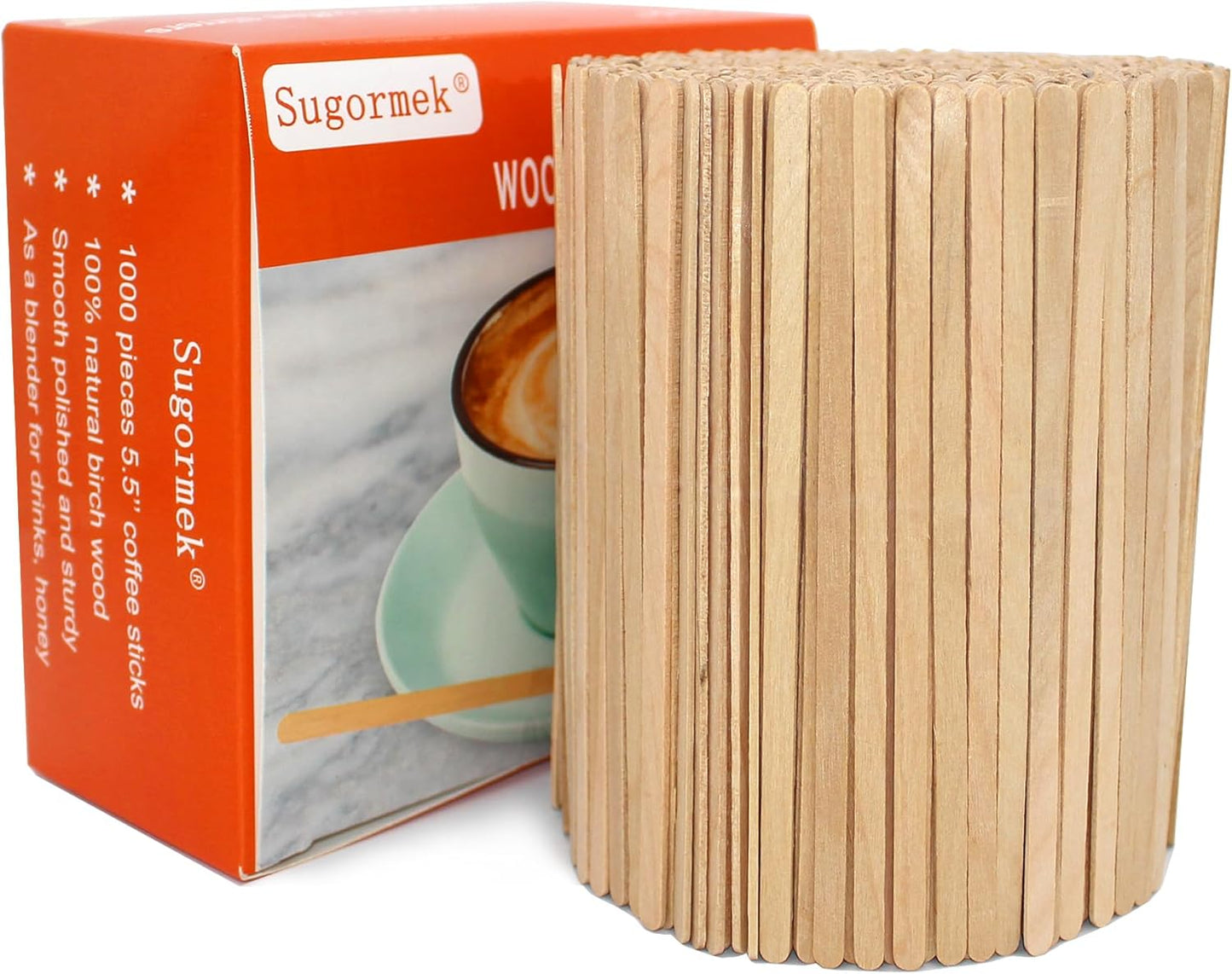 Sugormek1000PCS 5.5 IN Wooden Coffee Stirrers, A+Level Smooth Rounded Edges Disposable Coffee Stir Stick, Wooden Stir Stick for Coffee Cocktail Coffee Bar Accessories DIY Craft Design