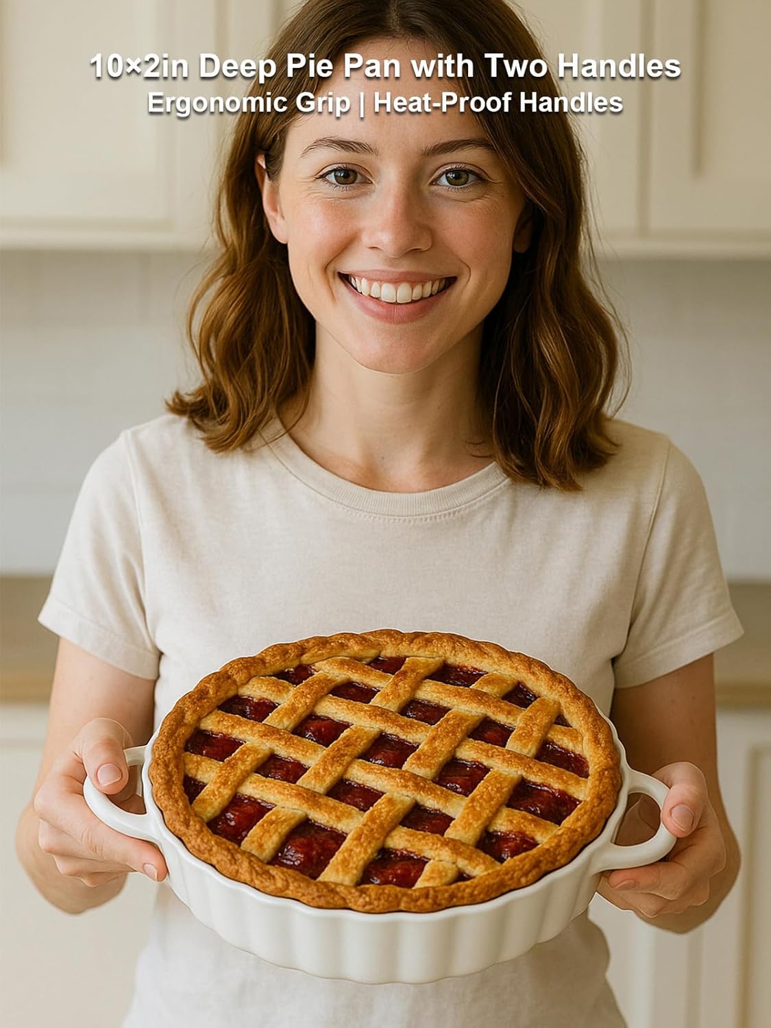 10×2in Deep Ceramic Pie Pan with Handles for Pie Quiche Tart Baking. Easy to grip, Lead-Free. Casserole Lasagna Dish for Thanksgiving Christmas Wedding Gift. Microwave, Dishwasher, Oven Safe