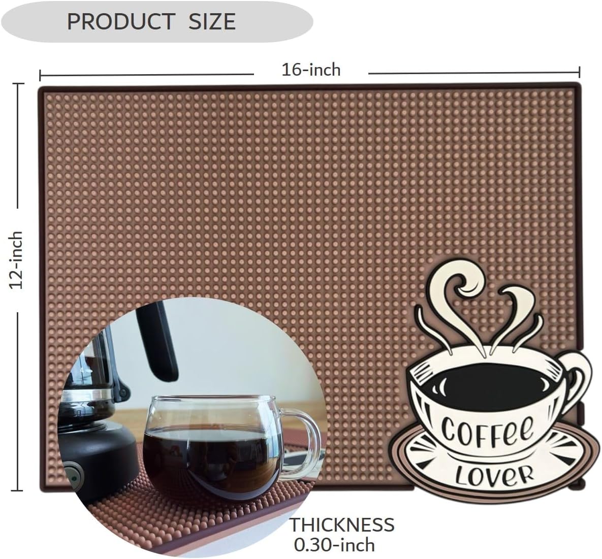 Mat for Coffee Bar 16"x12" – 0.30in Thick Non-Slip Rubber Countertop Protector, Spill-Proof Durable Kitchen Counter Mat. Glass Drying, Barista Coffee Bar Accessories.
