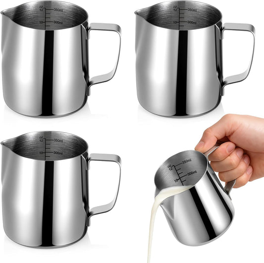 4 Pcs Milk Frothing Pitchers, 12 Oz 304 Stainless Steel Espresso Steaming Pitchers with Measuring Markers, Heat Resistant Rustproof Barista Pitcher Tools for Home, Coffee Shops (Silver)