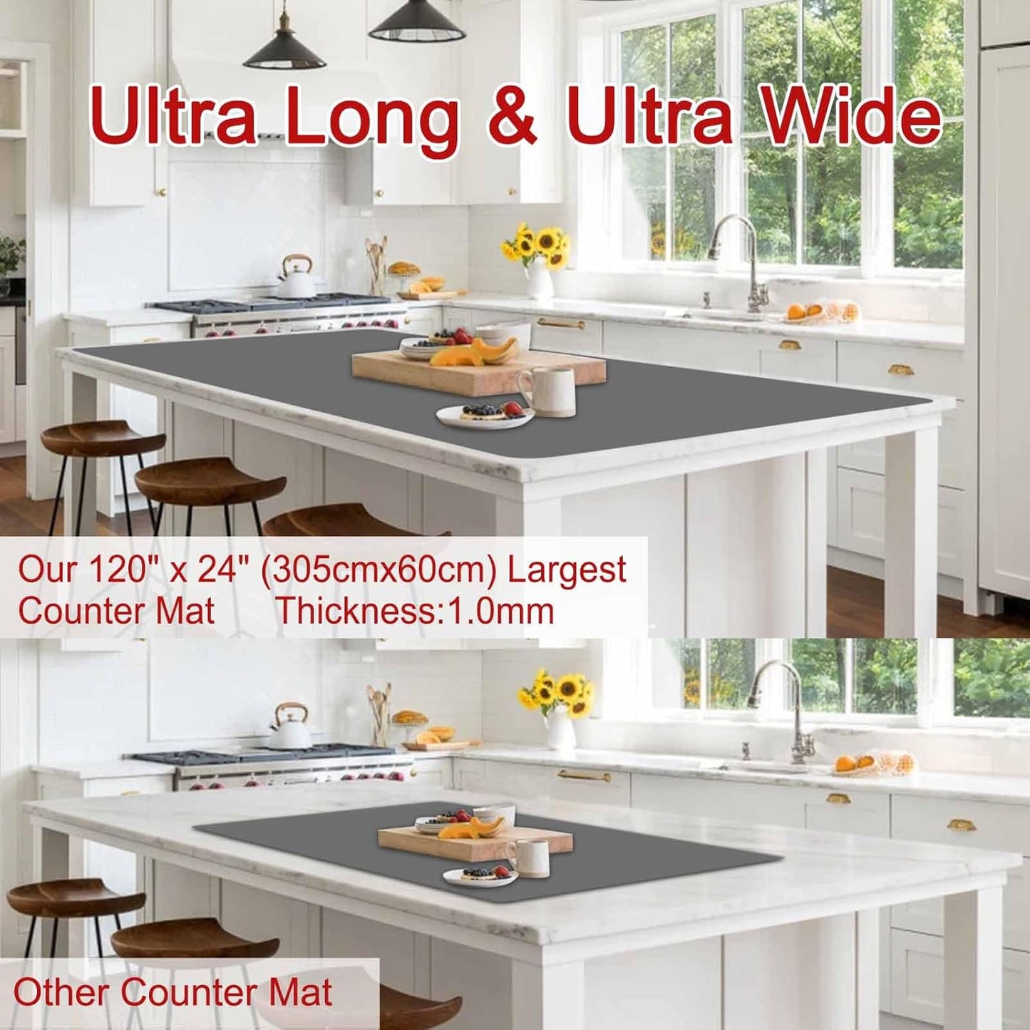 Largest Silicone Mats for Kitchen Counter, 120" x 24" Extra Large Heat Resistant Counter Mat, Kitchen Island Waterproof Thicken Non-slip Countertop Protector Mat, Multipurpose Mats, Black