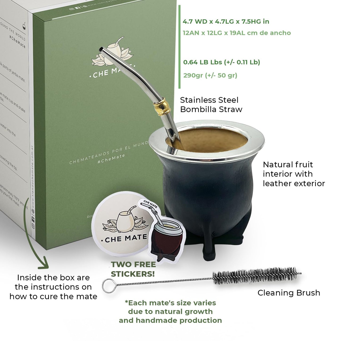 Premium Argentina-Uruguay Yerba Mate Cup and Bombilla Set, Organic Gourd Tea Mug with Steel Straw (Bombilla) and Cleaning Brush, Handcrafted for Loose Leaf Yerba Mate Tea - Camionero Version