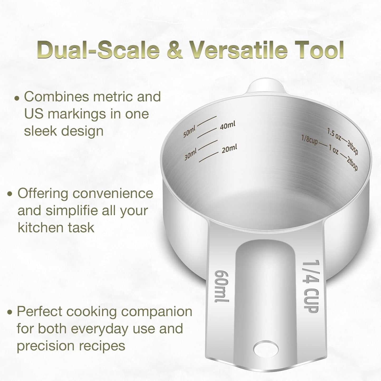 2PCS 1/4Cup (60ml, 2oz) Single Measuring Cup, Etched Inner Scale Stainless Steel Measure Scoop, Metric and US Measurement, Dishwasher Safe