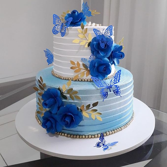 SAOROPEB Butterfly Wall Stickers, 48 Pcs 4 Styles 3 Sizes, Metallic Paper, Removable, Navy Blue, Art Deco Decor for Wall