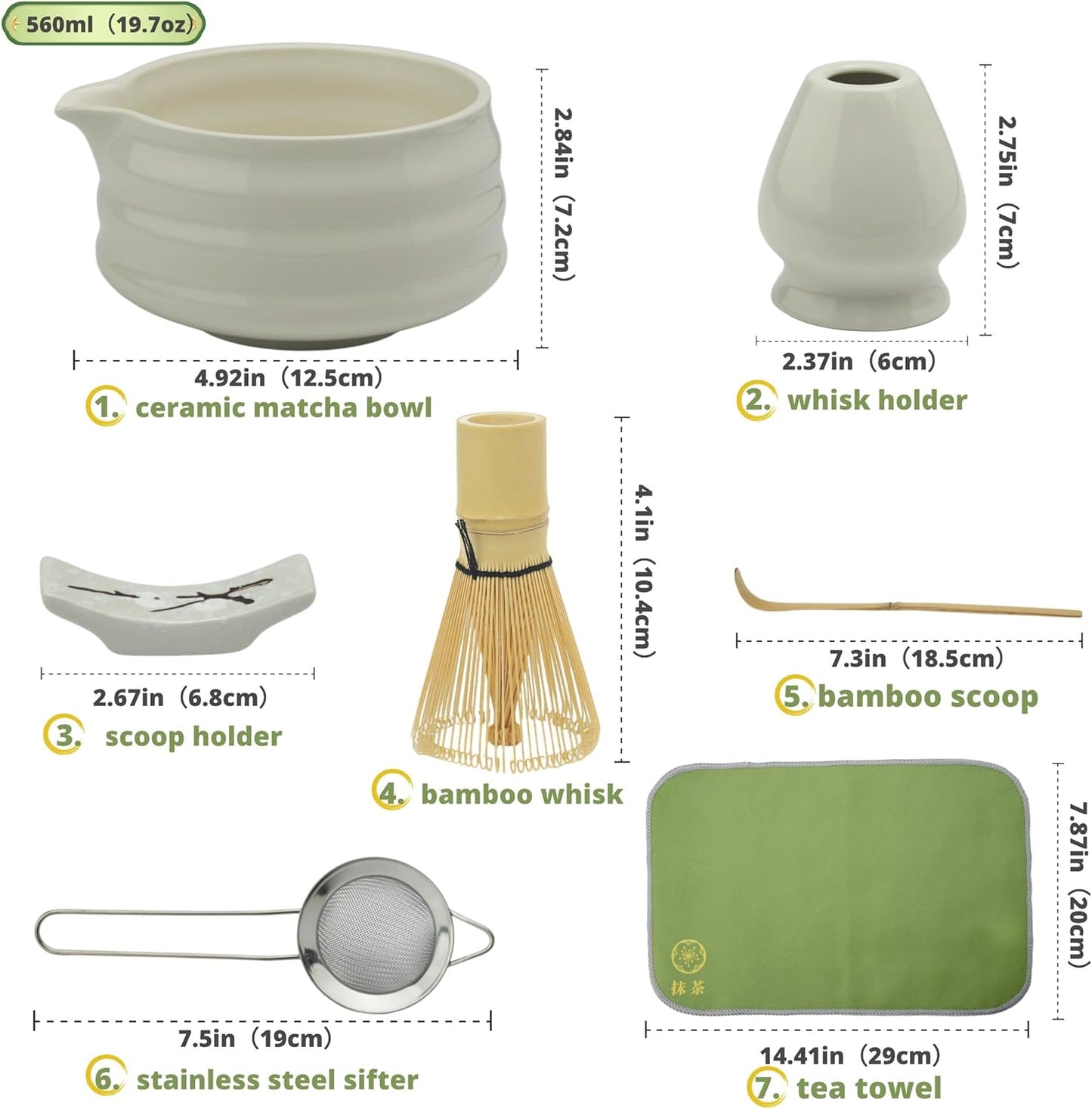 Matcha whisk Set,7 Pcs Matcha Making Kit with whisk Whisk, Ceramic Bowl, Sifter, Scoop, Holder, Stand, and Tea Towel for Ultimate Matcha Experience（White）