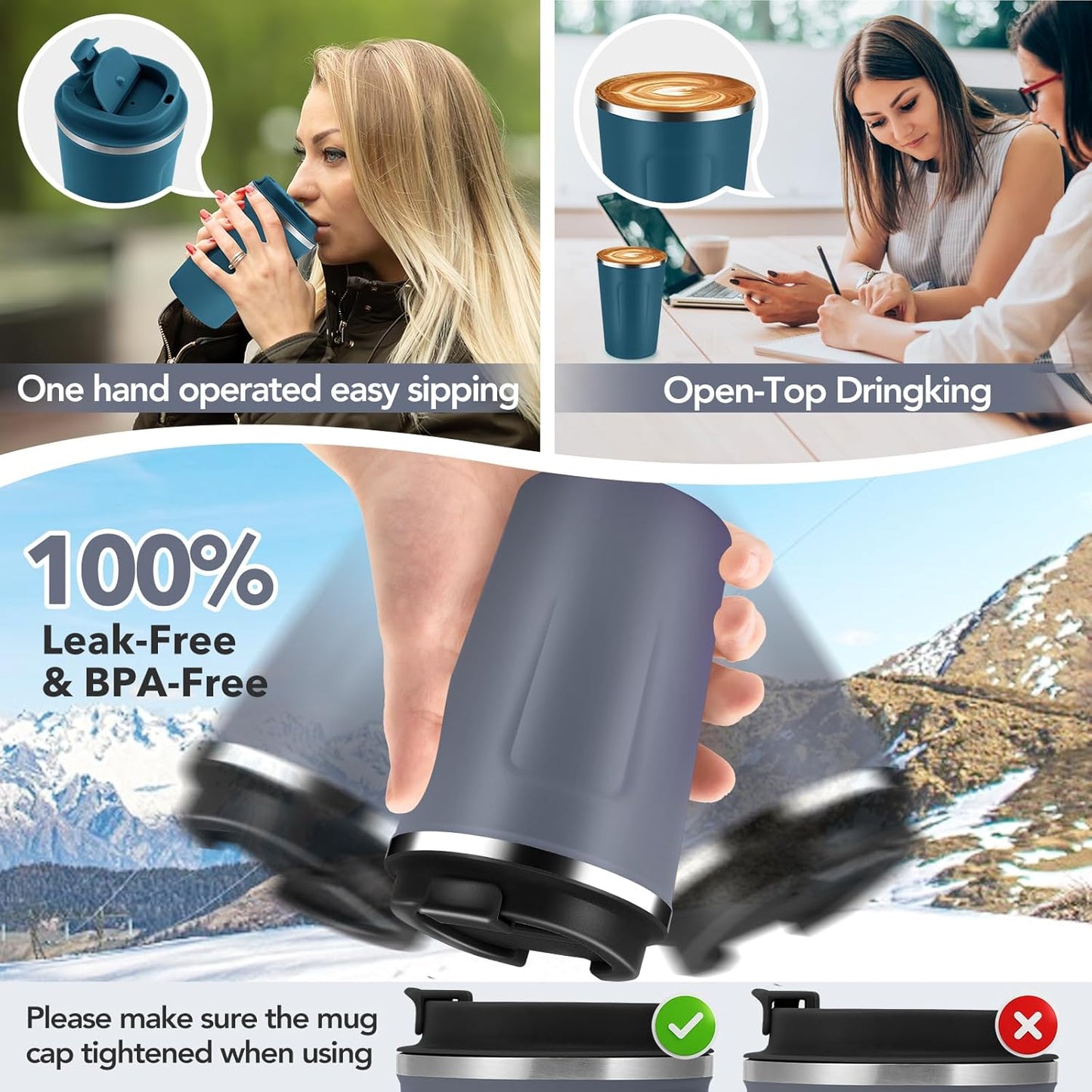 Volhoply 12 oz Double Wall Insulated Vacuum Travel Coffee Mug with Flip Lid,Reusable Stainless Steel Leak Proof Coffee Cup,Portable Iced Cafe Thermal Tumbler Suitable for Hot & Cold Drinks(Gray,1 Set)