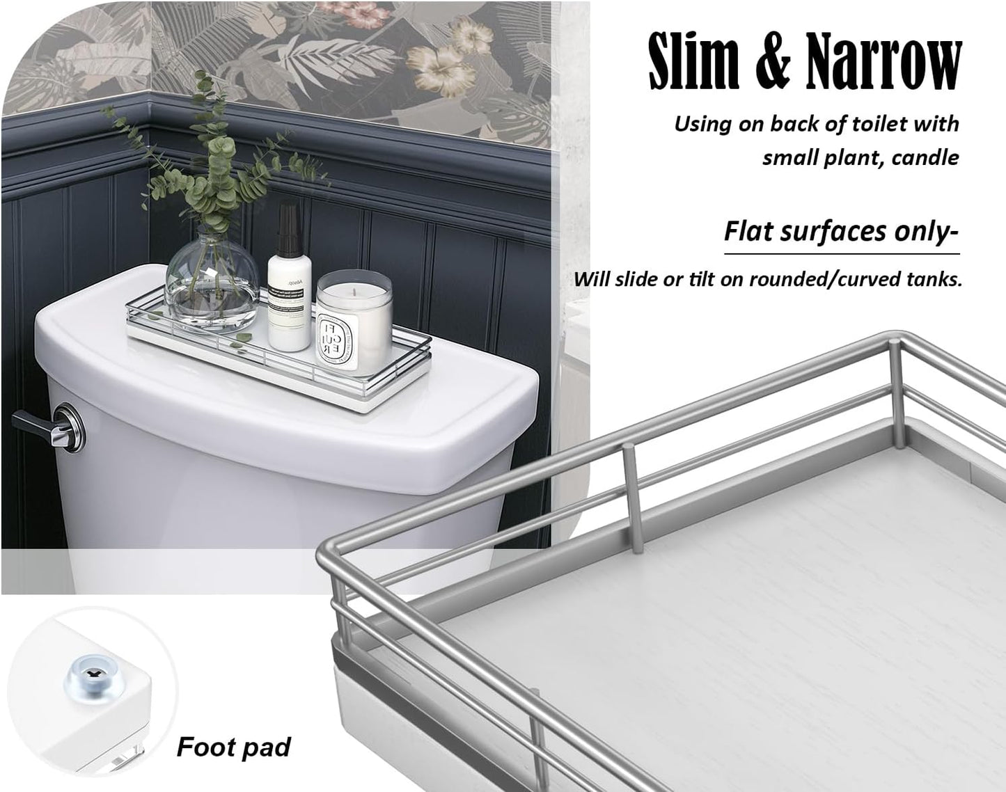 Bathroom Tray for Counter, Oak Wooden 11.2" L Vanity Tray for Jewelry Candle Makeup Perfume, Holder for Coffee Table Decor Bar Silver