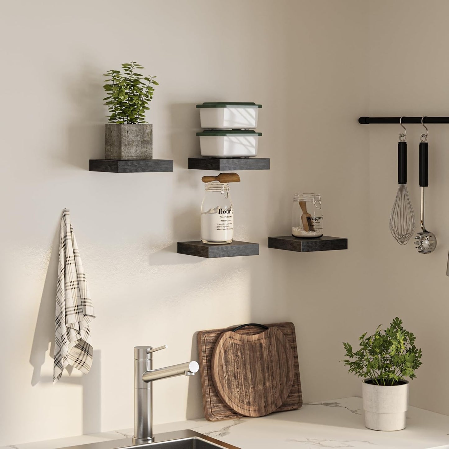 Square Floating Shelves for Wall, 8" W x 8" D x 1.2" H, Small Wooden Wall Mounted Display Shelves with Invisible Brackets for Living Room, Bedroom, Bathroom, Kitchen Decor, Set of 4, Black