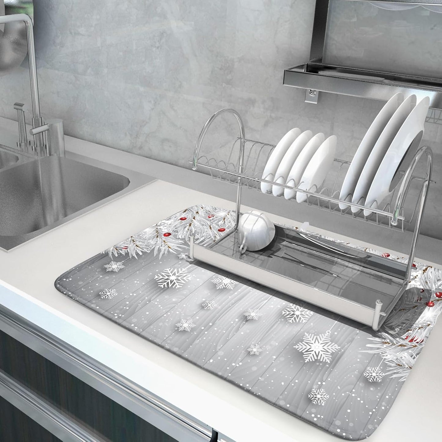 Giwawa 18"x24" Winter Snowflakes Dish Drying Mat Christmas Holly Berries Silver Falling Snow Dish Drainer Mats Absorbent Fast Dry Microfiber Dish Drying Pad for Kitchen Countertop Decor Large