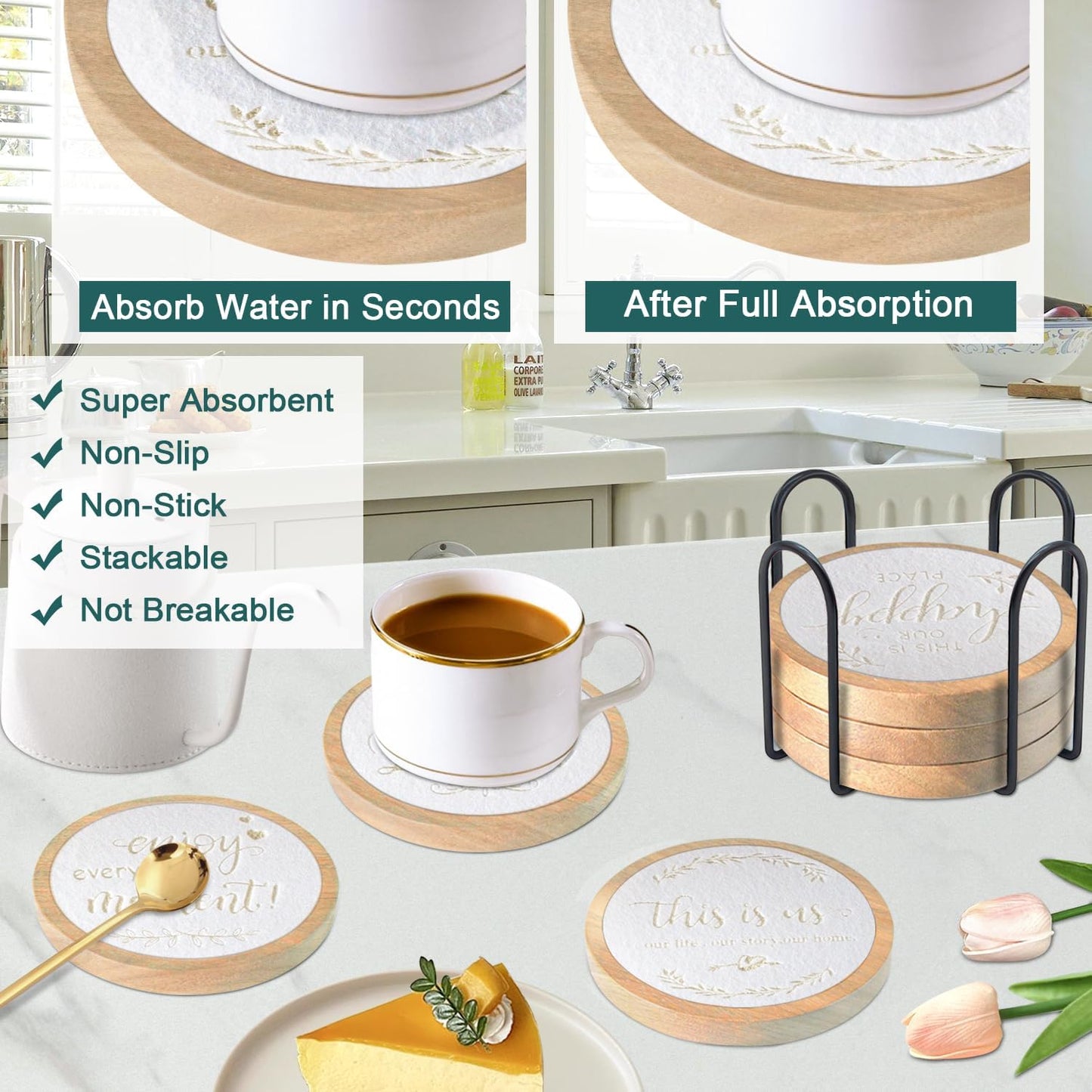 Wood Coasters for Drinks Housewarming Gifts for Home Decoration Absorbent Coasters with Holder for Coffee Tabletop Protection 4.3 Inch White