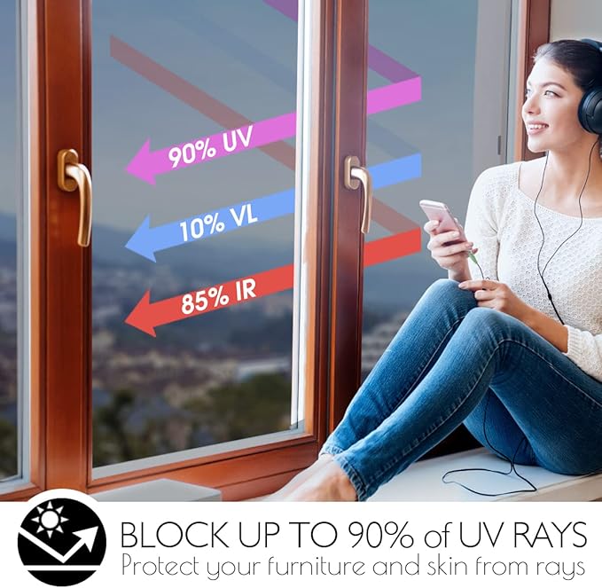 HIDBEA One Way Privacy Window Film, Daytime Mirror Reflective Heat Control UV Sun Blocking Non-Adhesive Static Cling Window Tint for Home and Office(Black-Silver, 41.3 Inch x 19.6 Feet)