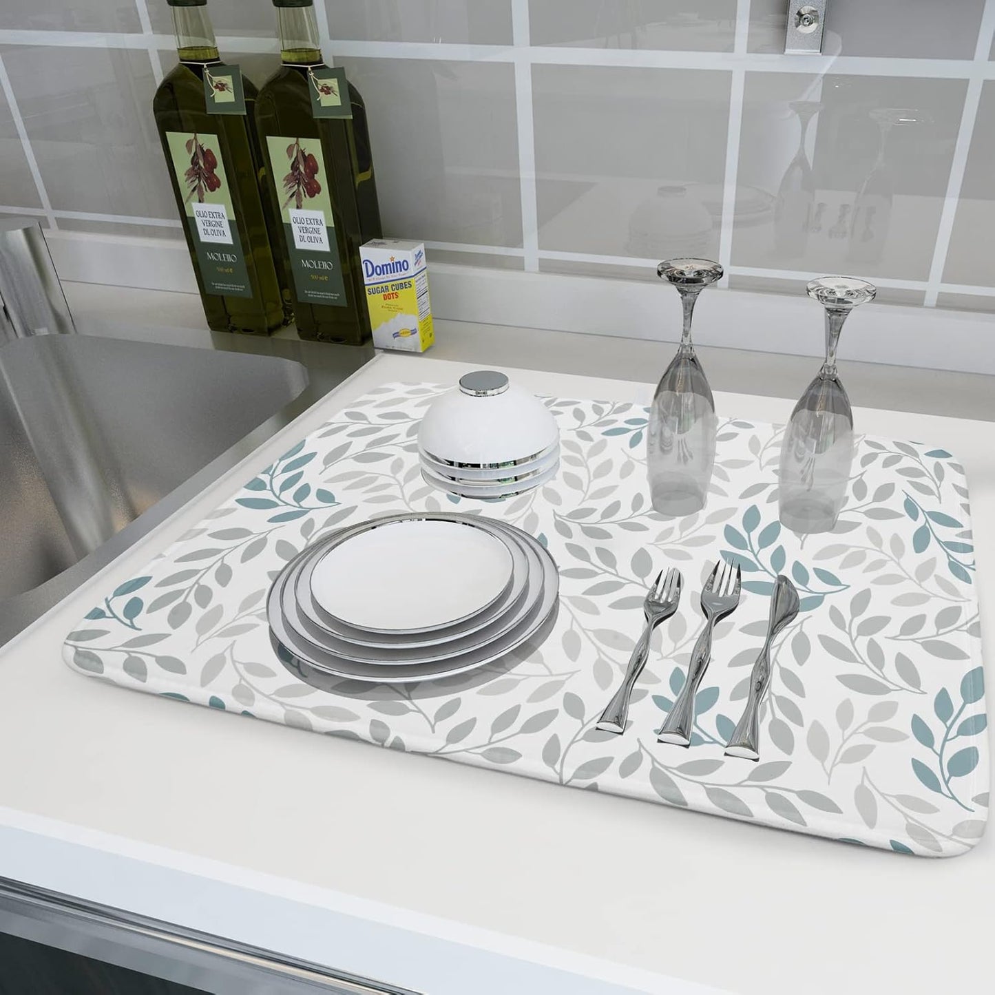 Dish Drying Mats for Kitchen Counter 16x18inch，Grey and Blue Leaves branches Dish Drying Mat for Kitchen Dishes Pad Dish Drainer Rack Mats Absorbent Fast Dry Kitchen Accessories