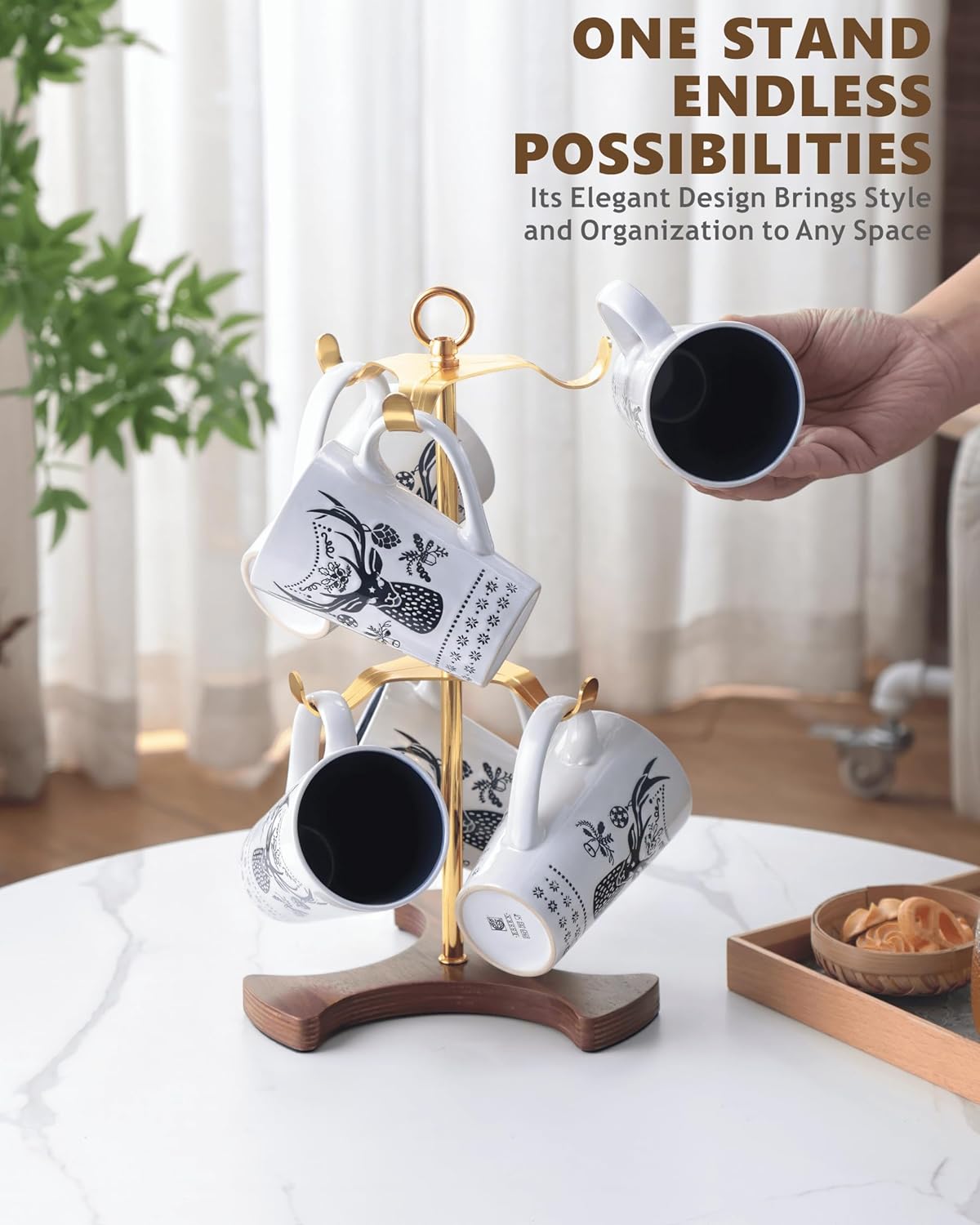 Gold Mug Holder Tree for Countertop | 2-Tier Coffee Mug Rack Holds 6 Large Mugs, 5oz to 20oz | Elegant Golden Cup Stand with Solid Wood Base | Kitchen Counter Organizer & Coffee Bar Accessories