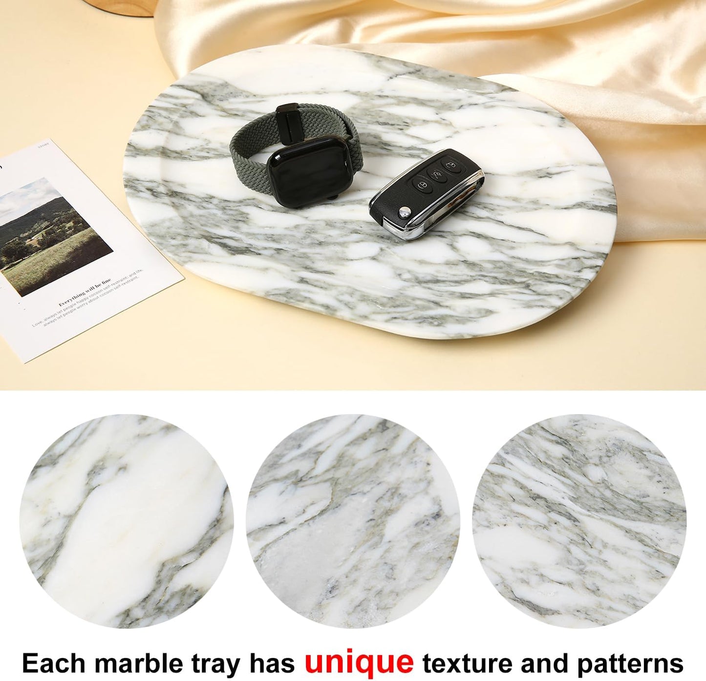Natural Marble Decorative Tray Bathroom Counter Perfume Organizer Vanity Tray for Home Decor, Jewelry Candle, Coffee Table, Soap Holder Dresser Countertop Accessories 8"x11" Carrara