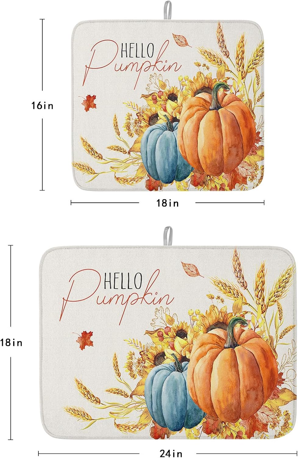 Fall Dish Drying Mat for Kitchen Counter Hello Pumpkin Drying Pad Absorbent Drying Mats for Countertops Sinks Draining Racks Sunflower Ears of Wheat Drainer Holiday Harvest Thanksgiving Decor 16x18