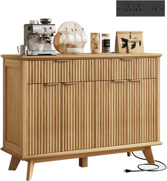 QUW Fluted Buffet Sideboard Cabinet with Storage, 47.2" Kitchen Cabinet with Drawers and Adjustable Shelves, Modern Coffee Bar with Charging Station, for Dining Room, Living Room, Natural Oak