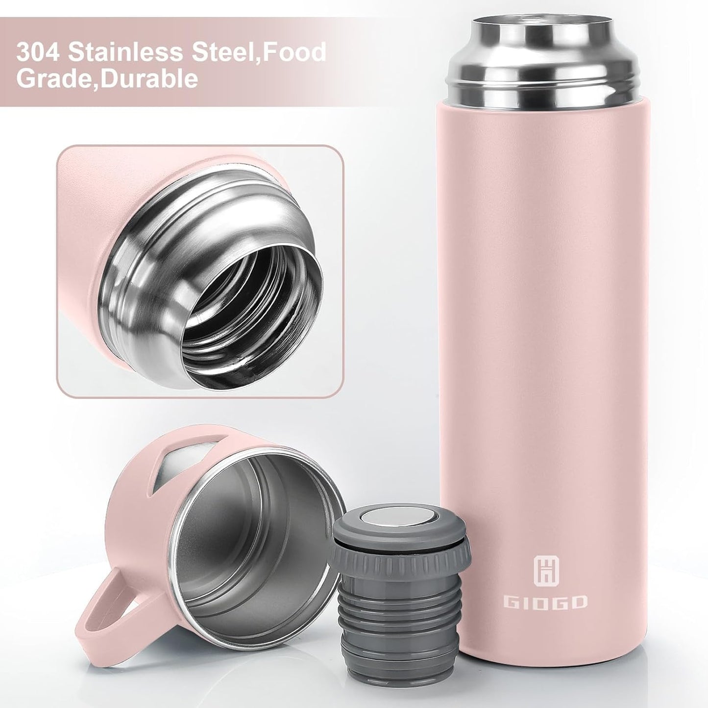 Stainless Steel Thermo 700ml/23.7oz Vacuum Insulated Bottle with Cup for Coffee Hot drink and Cold drink water flask.(Pink,Set)